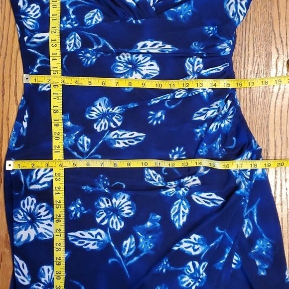 LAUREN RALPH LAUREN BLUE WHITE FLORAL STRETCH KNIT V-NECK RUCHED DRESS SIZE 12 - Picture 10 of 12